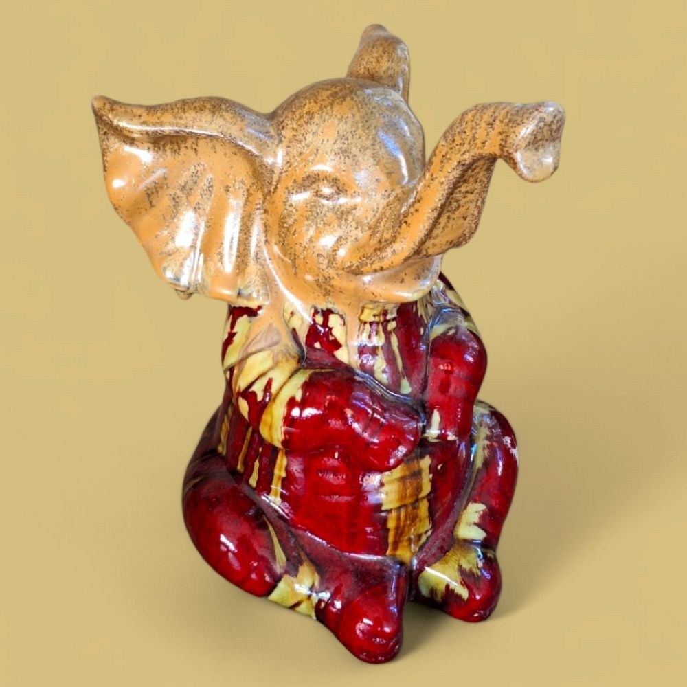Apropos Drip Glaze Elephant Statue Figurine 10” Gold Trunk Up Lucky Art Pottery